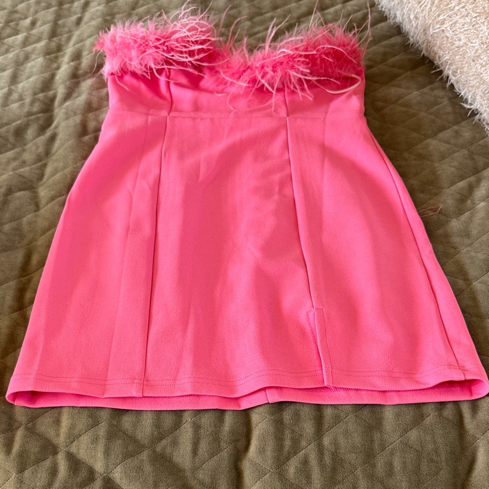 Hello Molly Pink Feather Trim Mini Dress
